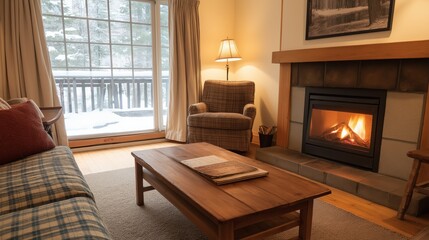 Fototapeta premium Cozy Winter Living Room with Fireplace and Snowy View