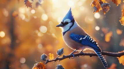 Blue jay perched on branch in autumn sunlight.