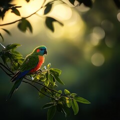 Colorful parrot perched on a branch at sunset.