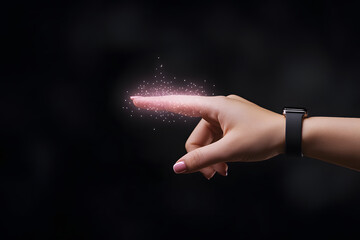hand with smartwatch creates holographic interface with sparkles