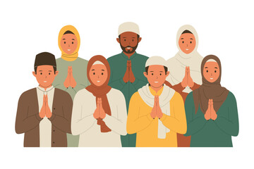 Group of muslim people with greeting signs. greetings for eid al-fitr, greetings for ramadan kareem. Illustrations for websites, landing pages, mobile apps, posters and banners. Trendy flat vector ill