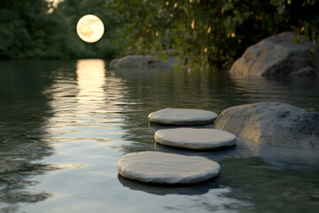 serene Japanese Zen garden with stepping stones and moonlight