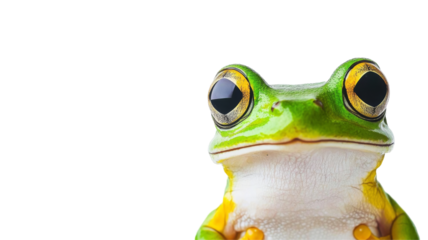 Close-up portrait of a green frog on a white transparency background nature photography macro environment