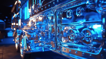 Transparent futuristic vehicle's side view with glowing blue light.