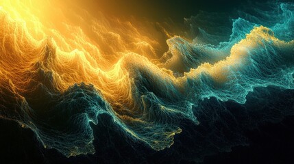 Abstract gold and teal wavy fractal landscape.