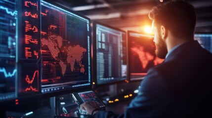 A group of analysts tracking cryptocurrency trends on large, glowing digital screens in a trading center