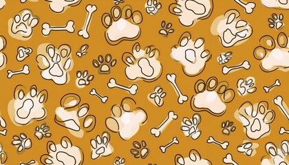 Vivid Canine Footprint Trail Leading through a Seamless BoneTextured Wallpaper Backdrop, Perfect for Digital Art, Home Decor, or Graphic Design Projects