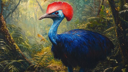 Vibrant blue cassowary in lush rainforest.