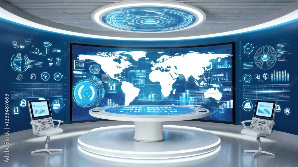 Poster futuristic global control room: a 3d render of a modern, high-tech command center with interactive d