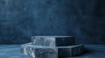 Hexagonal Stone Pedestal Against a Moody Blue Wall