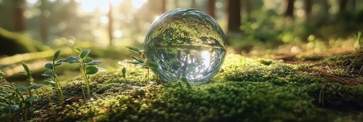 Crystal ball, forest floor, moss, wildflowers, golden sunlight, bokeh, magical atmosphere, fantasy, nature photography, macro, ethereal glow, mystical, dreamy, soft focus, enchanted forest, dew drops,
