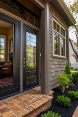 Obraz premium Modern Home Exterior Design: Brick Pathway and Contemporary Architecture