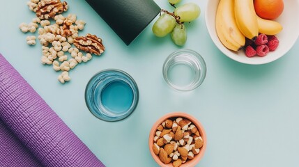 Flat lay of healthy snacks and yoga mat on blue surface, healthy lifestyle concept