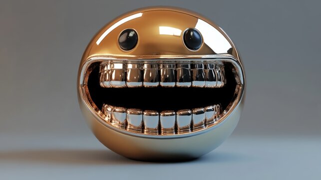 A metallic zipper-mouth face emoji, rendered in 3D with a steel finish on a gray background