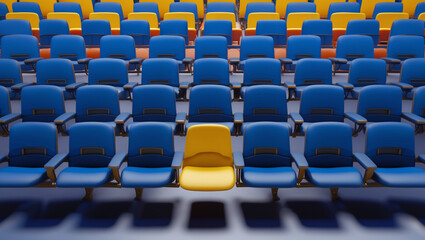 Fototapeta premium Minimalist Chairs with Vibrant Yellow Chair Among Blue Chairs.