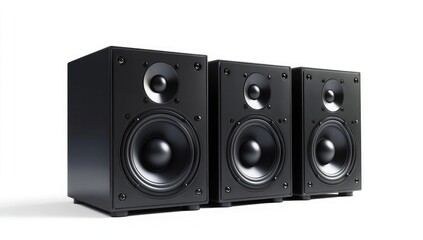 Fototapeta premium Black computer speakers in the shape of cubes, isolated on a white background