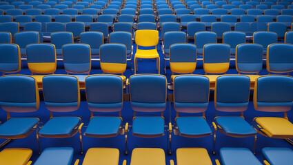 Naklejka premium Minimalist Chairs with Vibrant Yellow Chair Among Blue Chairs, Modern Furniture Designs