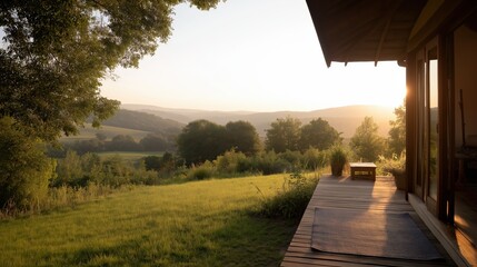 Sunrise Over Rolling Green Hills Viewed From Rustic Deck