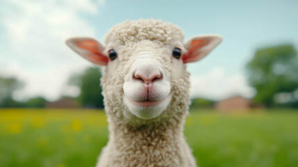 Obraz premium Cute lamb stares, farm field background, spring. Stock photo