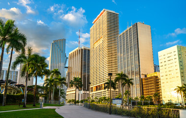 Skyscrapers of Downtown Miami seen from Bayfront Park, Florida, United States