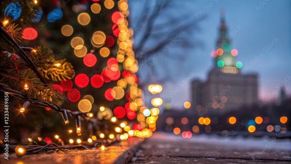 Poster a festive scene featuring colorful lights on a decorated tree, with a city building illuminated in t