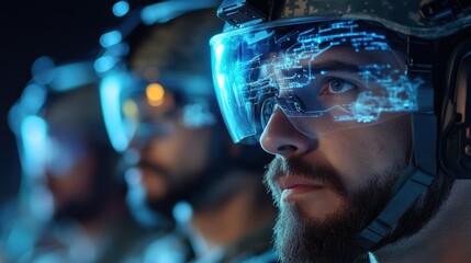 A group of soldiers using augmented reality visors to analyze enemy positions during a nighttime operation
