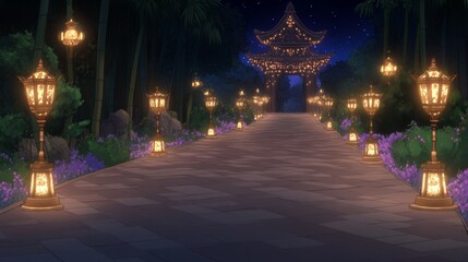 Illuminated Pathway to Asian Temple at Night