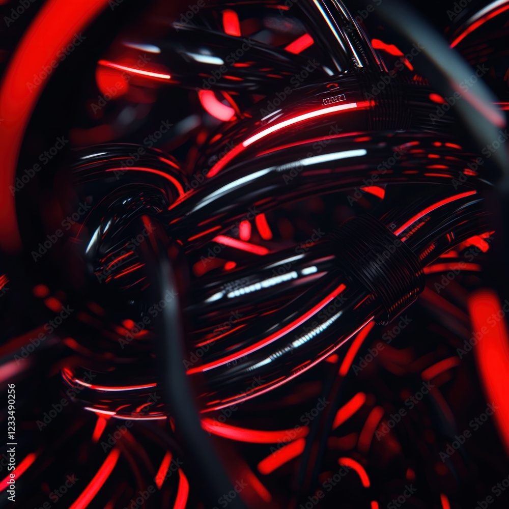 Poster intricate patterns of interconnected black and red wires with glowing accents in abstract design