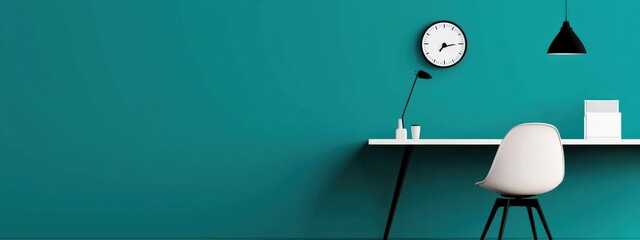 Modern Minimalist Workspace with Turquoise Wall, White Furniture, Clock, and Stylish Lamp in Bright Environment