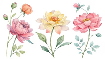 A vibrant watercolor illustration of three flowers, showcasing varying colors and delicate petals against a clean, white background.