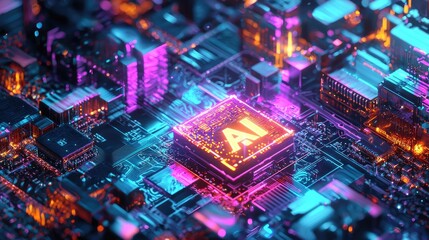 AI Microchip with Neon Circuitry Abstract