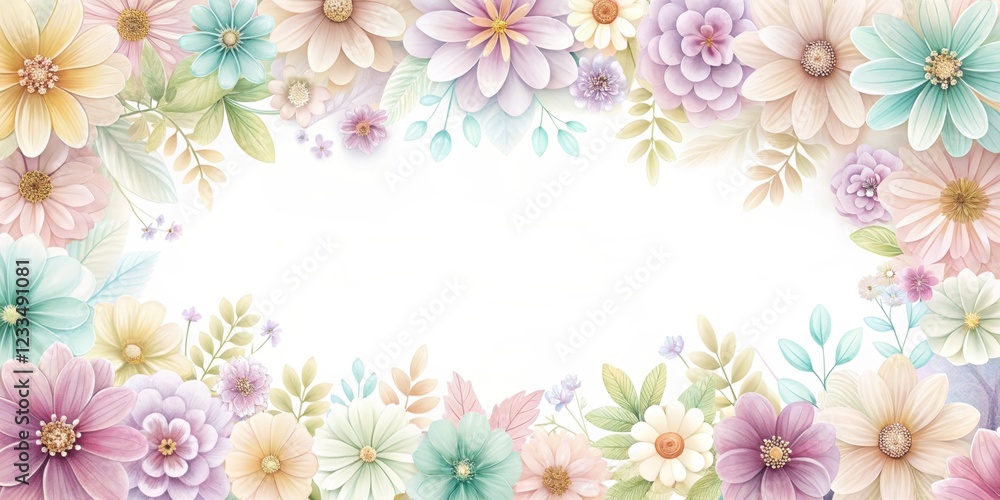 Poster a vibrant floral border featuring pastel flowers in various shapes, creating a soft and inviting fra
