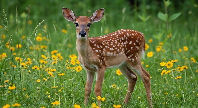 Adorable faon avec ses taches dans un pr&eacute; fleuri. Photo de stock pour la faune, les animaux sauvages, la nature, le printemps et les jeunes animaux.