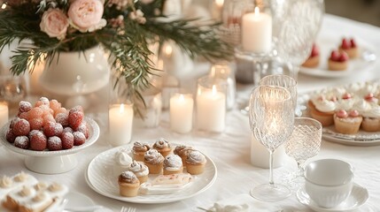 Fototapeta premium Elegant Table Arrangement with Desserts and Candles for Celebration