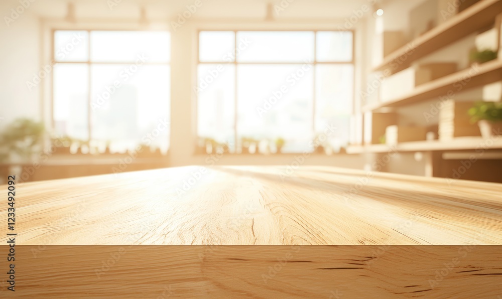 Poster sunlit wooden table in a cozy office setting with blurred shelves and windows, ideal for showcasing 