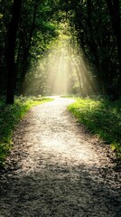 Fototapeta premium Serene Sunlight Streaming Through Trees on a Winding Path into Lush Green Forest Scenery