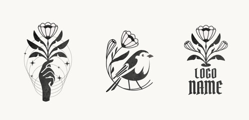 Black and white Folk art Linocut logo set with floral, bird and hand shiloute