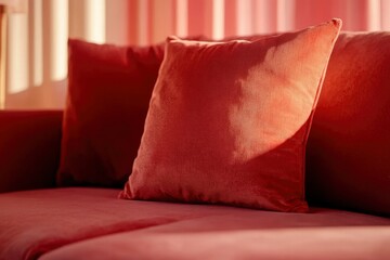 Red velvet pillows rest on a plush sofa
