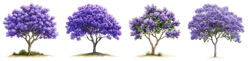Obraz premium Vibrant Watercolor Illustration of Jacaranda Trees with Purple Blooms in Various Stages of Growth