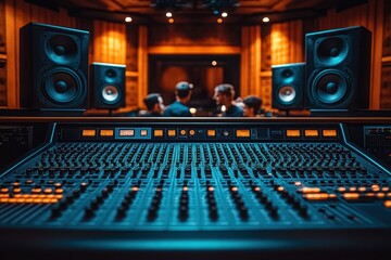 A sound mixing console with colorful lights in a studio, featuring speakers and musicians collaborating in the background, creating a vibrant atmosphere.