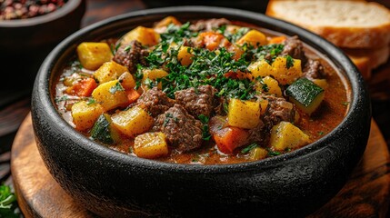 Hearty stew with vegetables and beef served in a rustic bowl, accompanied by bread