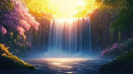 Sunlit Waterfall, Lush Forest, Tranquil Pool, Game Background