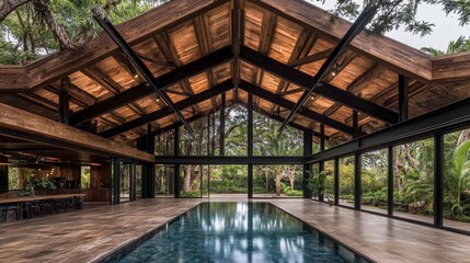 Fototapeta premium Indoor Pool House with Wooden Beams and Glass Walls