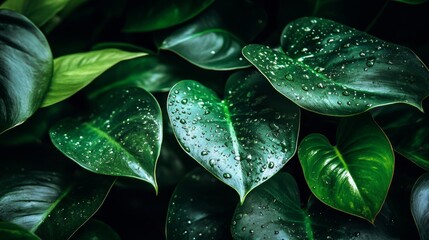 Fototapeta premium Lush Green Leaves Glistening With Dew Drops