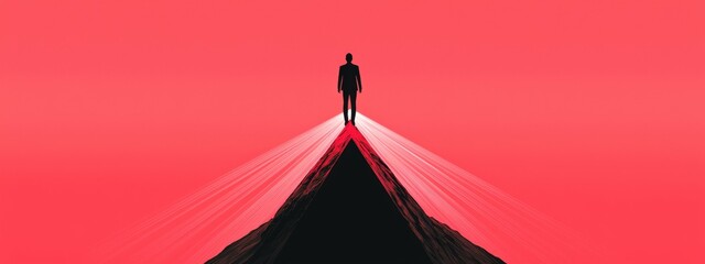 Figure Standing on Mountain Peak Against Vibrant Red Background with Light Rays and Abstract Design Elements