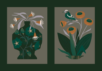Classic abstract floral with bird wall art print retro poster set
