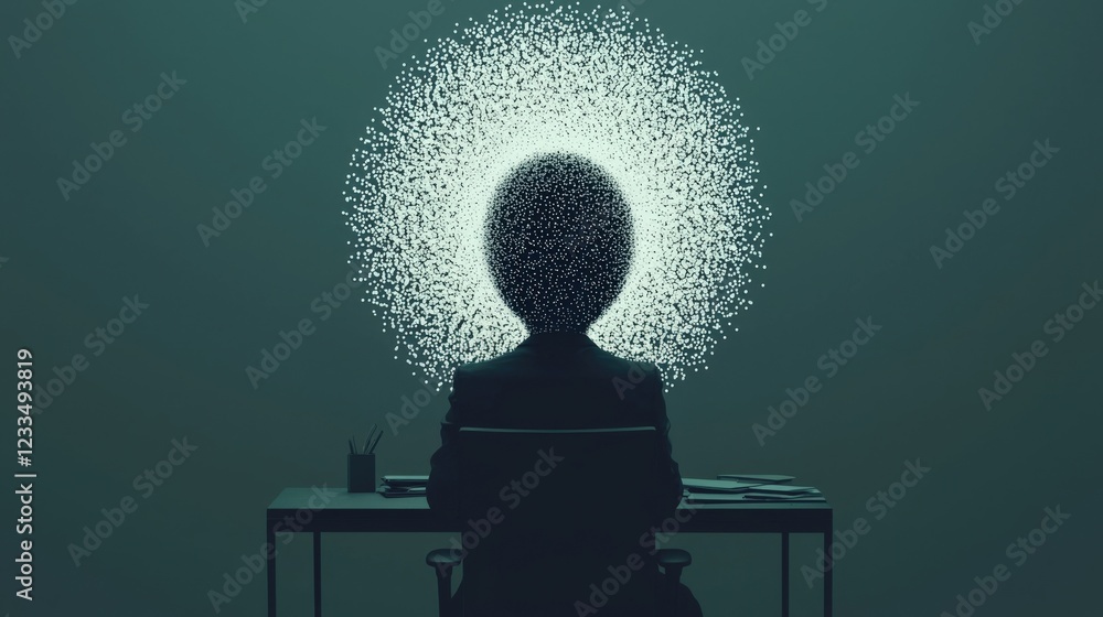 Poster conceptual representation of creative thinking with particle effects around silhouette of person in 