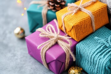 Colorful gifts, winter holiday presents, cozy background