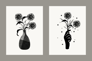 Classic folk abstract black and white floral botanical with vase, hand wall art retro poster set