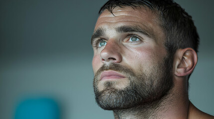 Obraz premium Pensive man gazing upwards, indoors, grey background, for websites